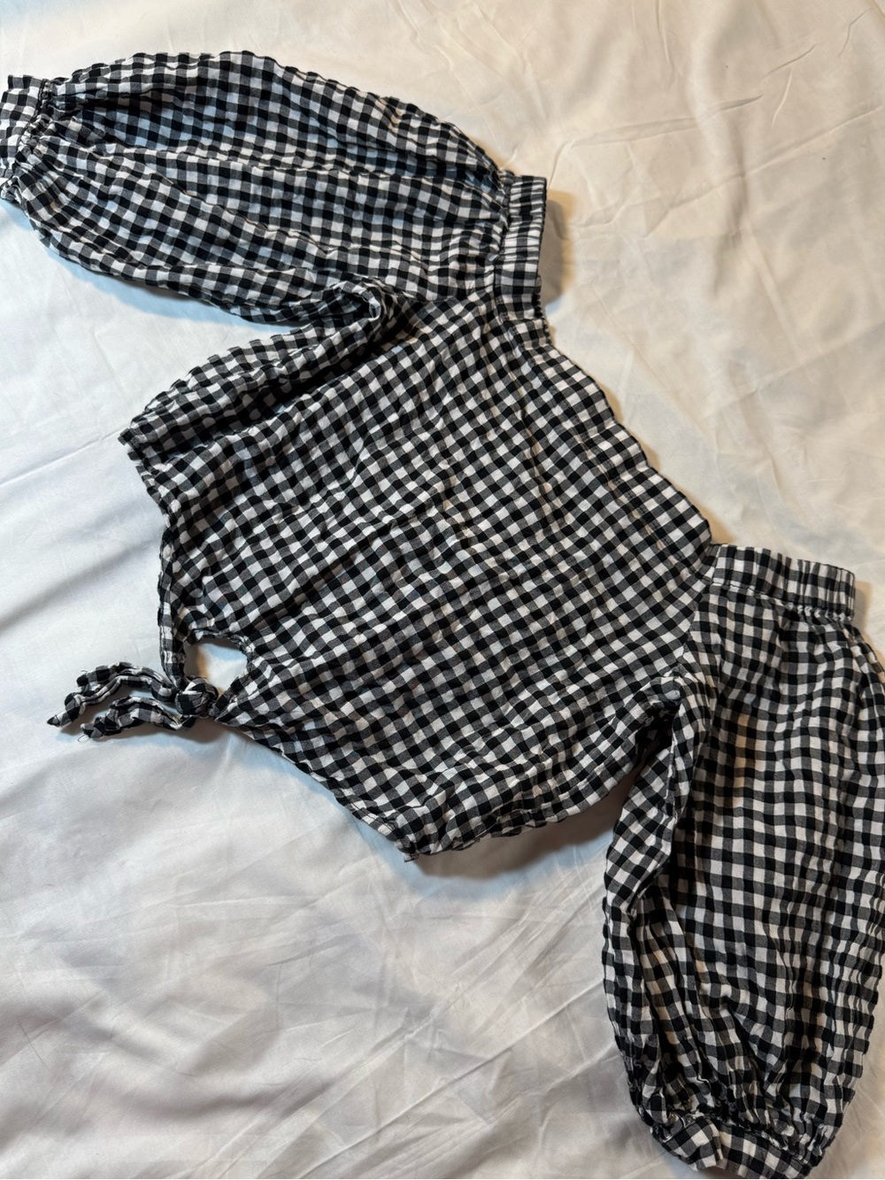 Forever 21 Black & White Pucker Gingham Off-Shoulder Tie-Front Top